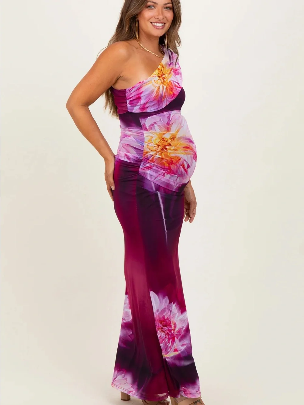 Never worn ~ Plum Floral One Shoulder Maternity Maxi Dress